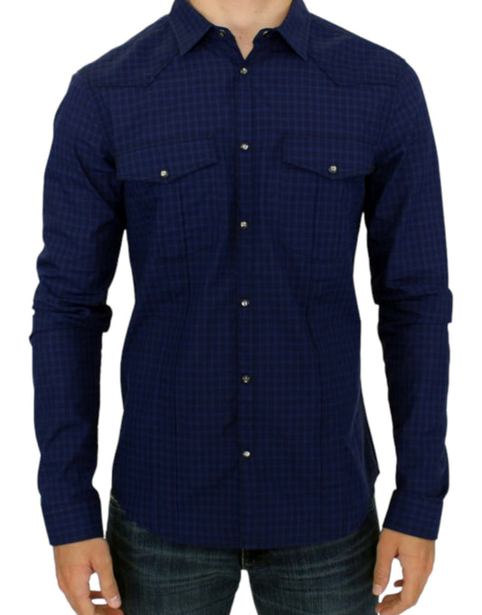 Chic Blue Checkered Casual Cotton Shirt