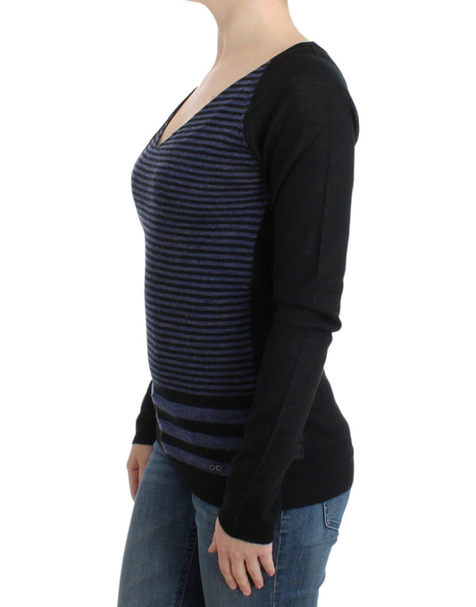 Chic Striped V-Neck Wool Blend Sweater