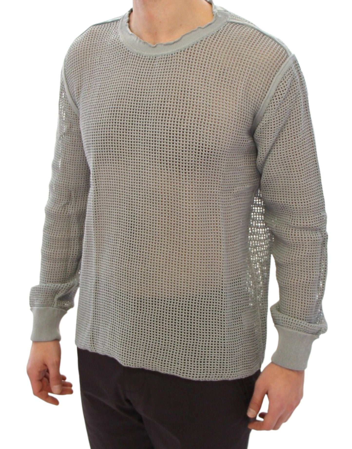 Elegant Gray Netted Crew-Neck Sweater