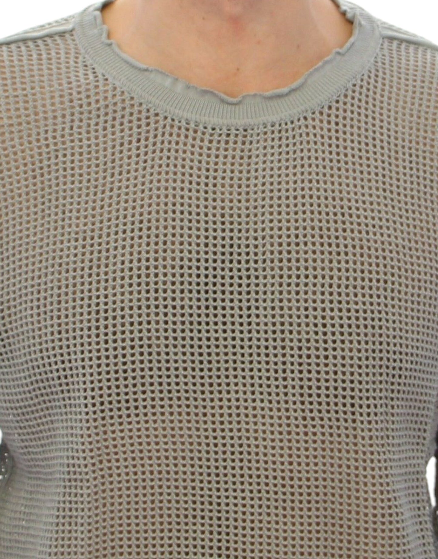 Elegant Gray Netted Crew-Neck Sweater