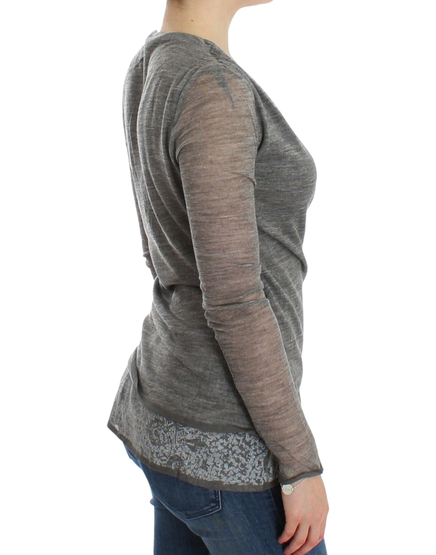 Elegant Gray Wool Blend Deep V-neck Sweater