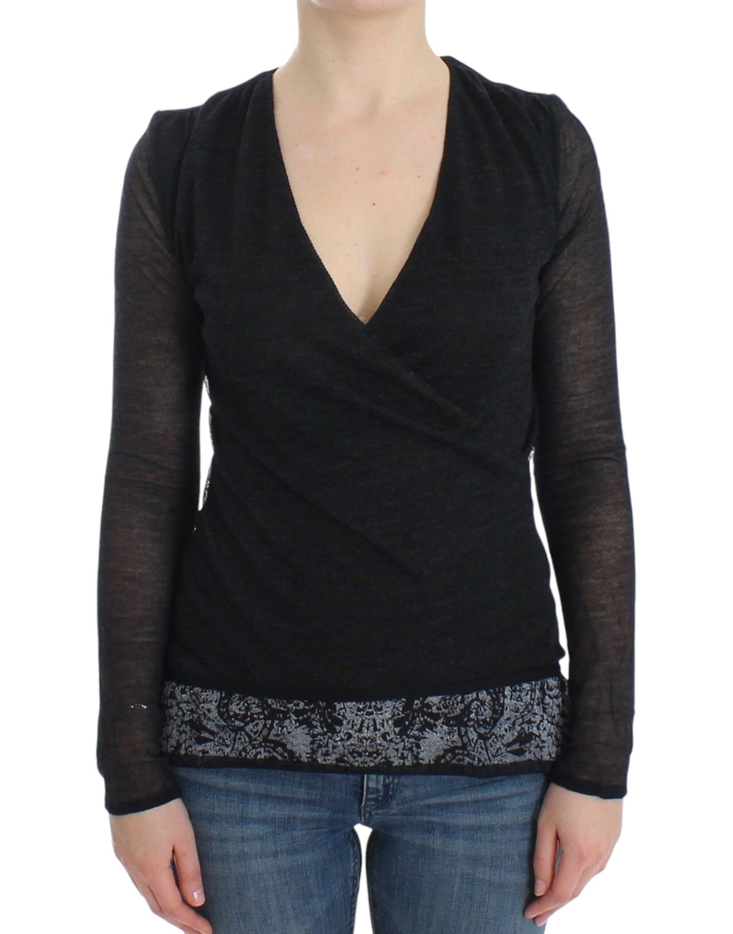Deep V-neck Black Wool Blend Sweater