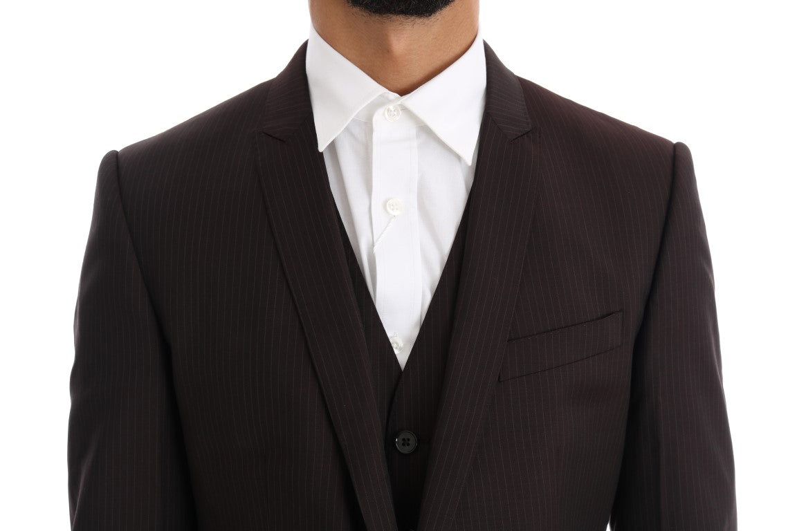 Elegant Brown Striped Three-Piece Wool Suit