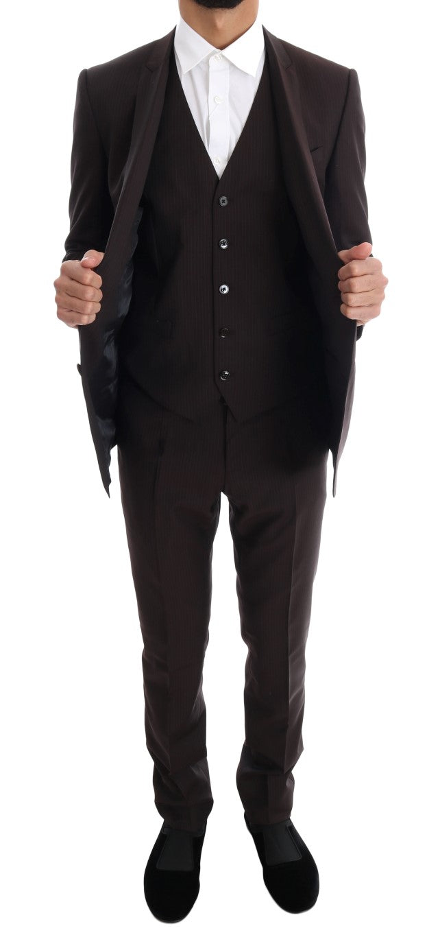 Elegant Brown Striped Three-Piece Wool Suit