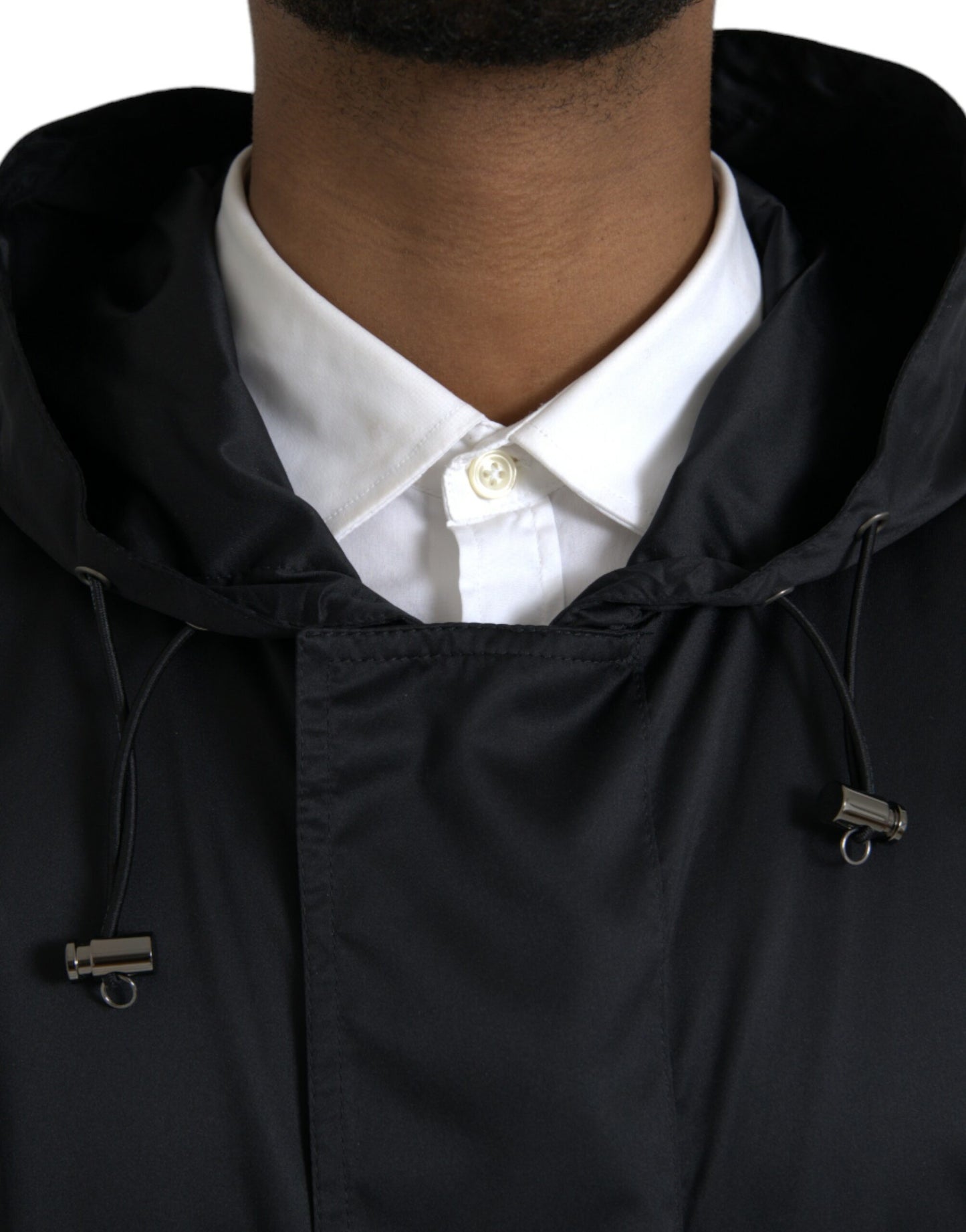 Black Polyester Hooded Long Windbreaker Jacket