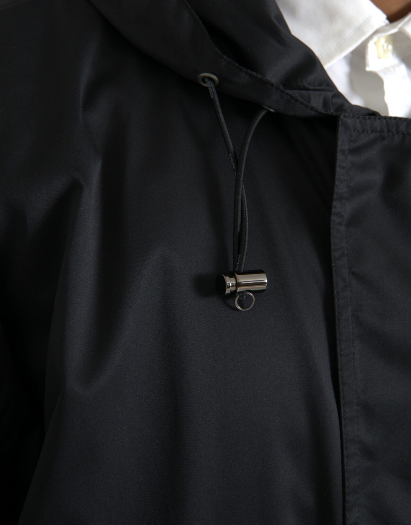 Black Polyester Hooded Long Windbreaker Jacket