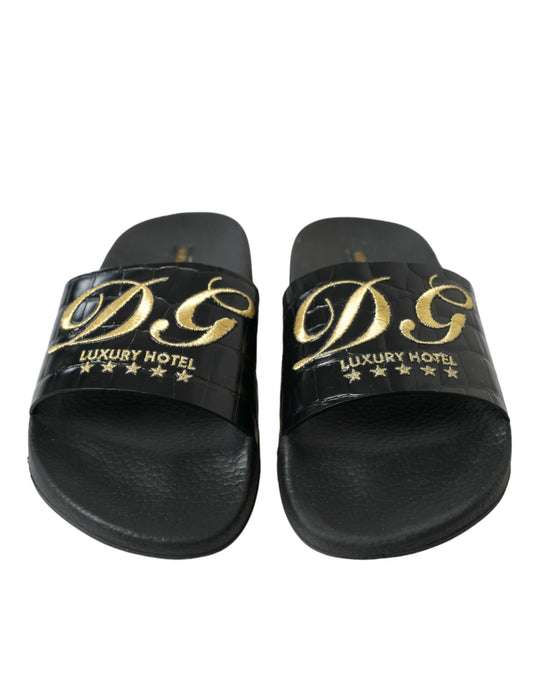 Elegant Black and Gold Leather Slides