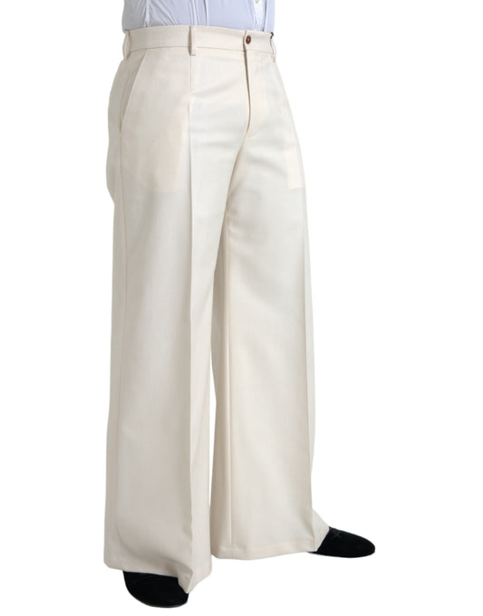 White Wool Wide Leg Mid Waist Pants
