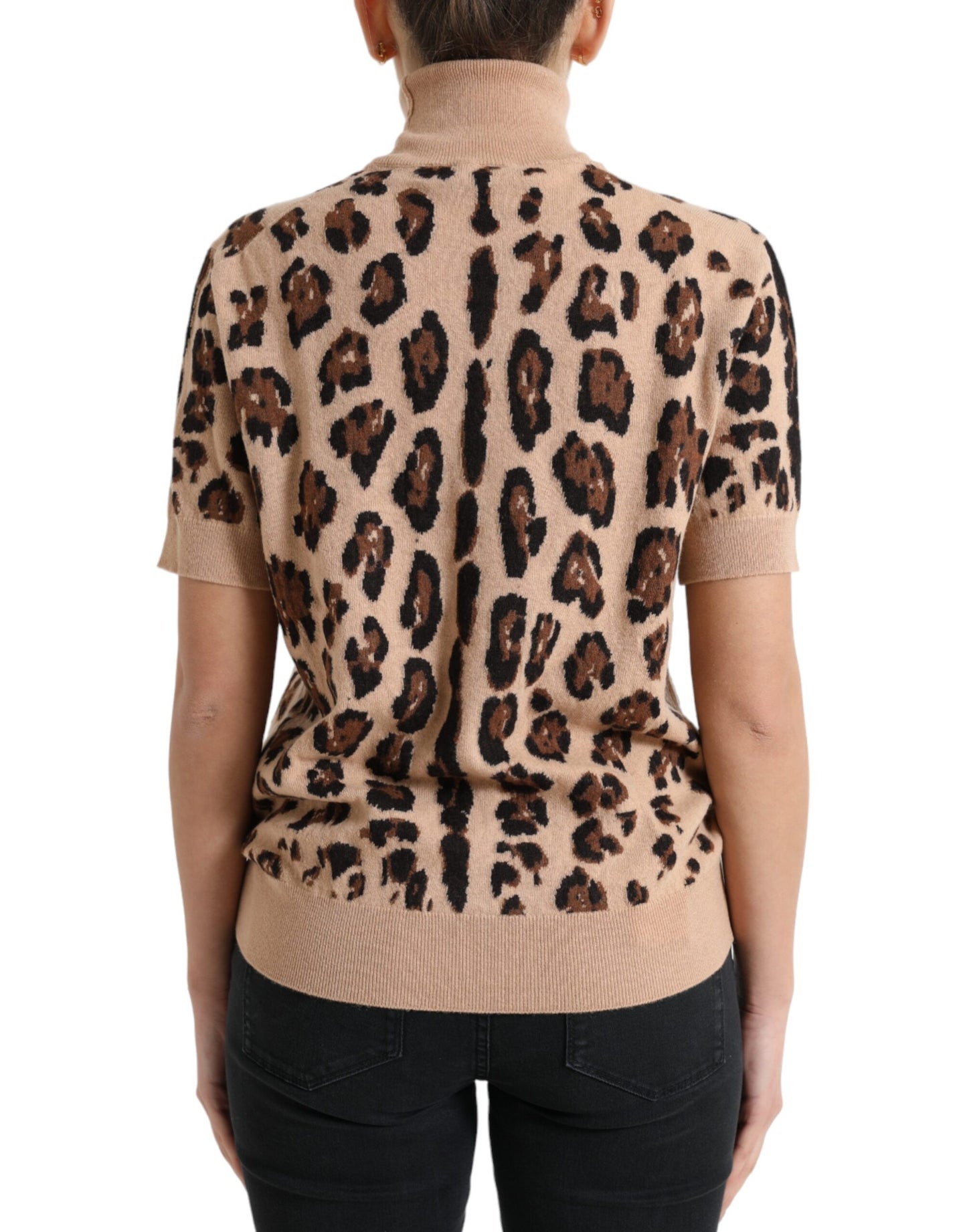 Elegant Beige Leopard Turtleneck Wool Top