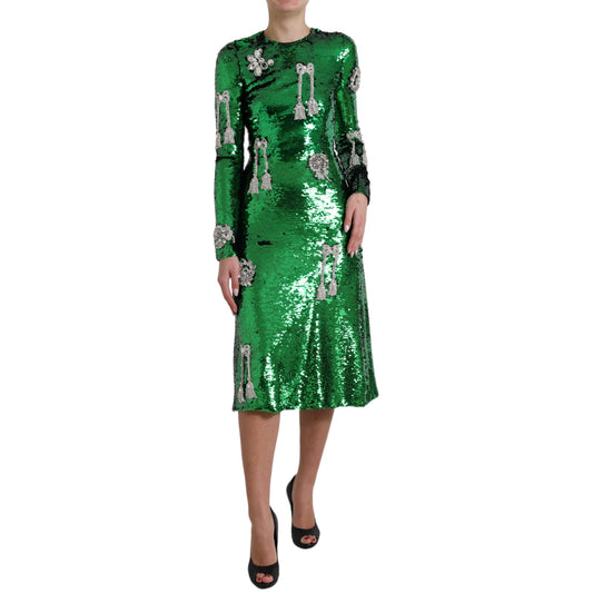 Elegant Below Knee Green Embroidered Dress