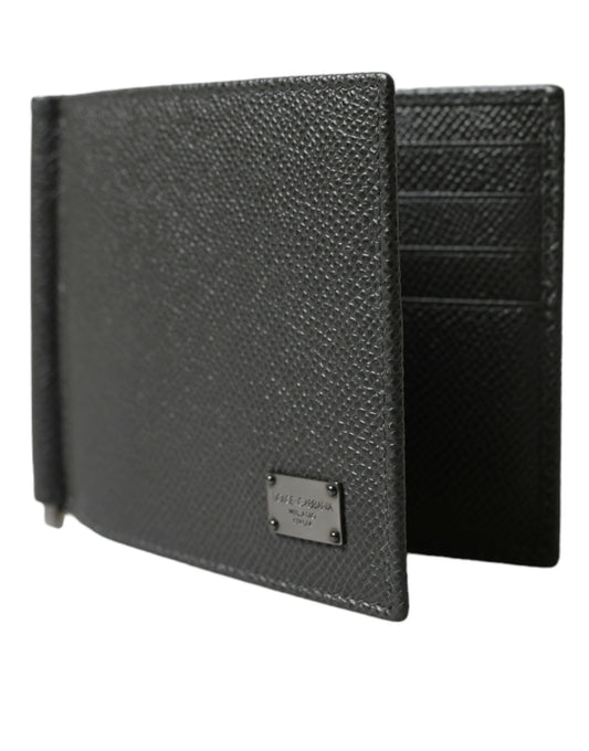 Gray Calf Leather Bifold Logo Plaque Card Holder Wallet