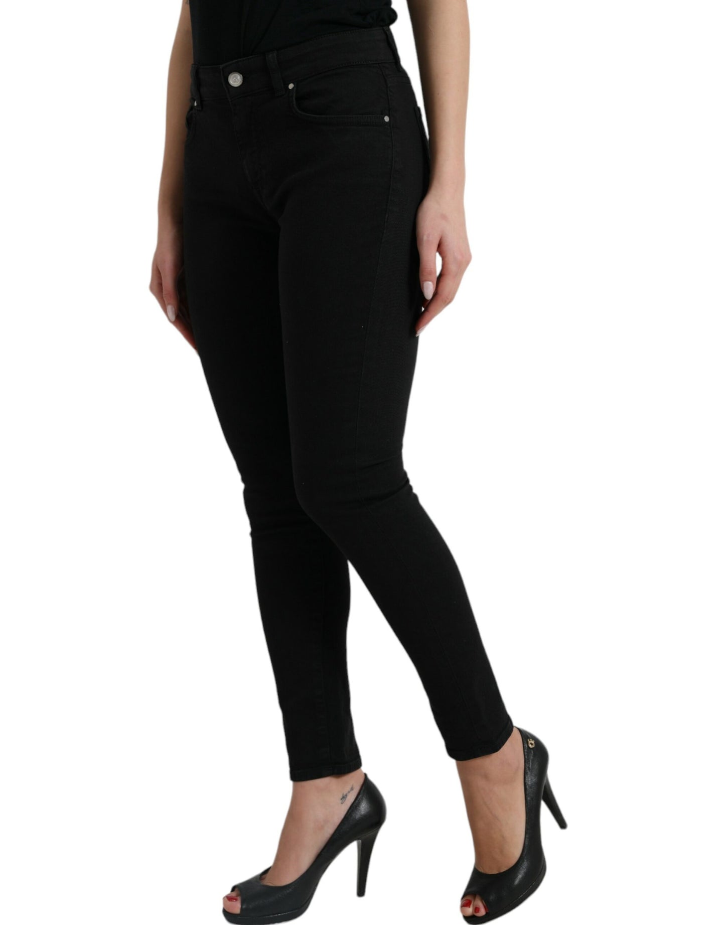 Elegant Black Mid Waist Stretch Jeans
