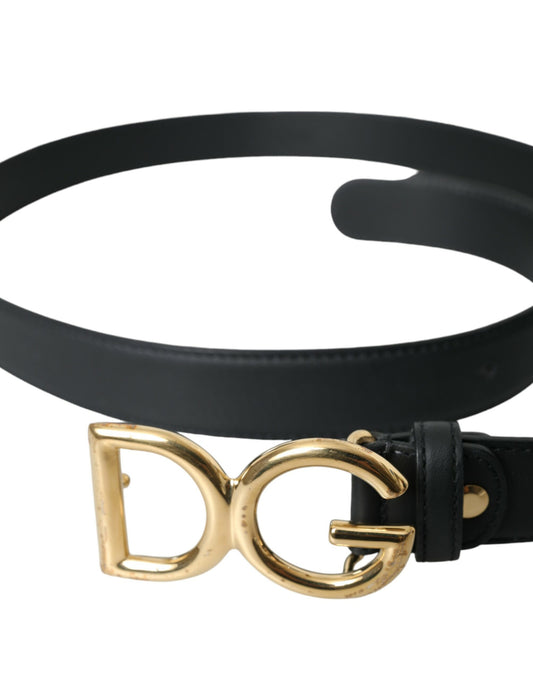 Black Leather Gold DG Logo Waist Buckle Belt