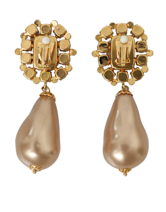 Gold Brass Crystal Faux Pearl Clip On Dangling Earrings