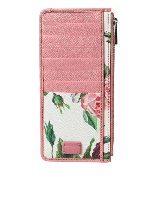 Pink Floral Leather DG Logo Zip Card Holder Women Wallet