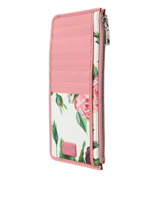 Pink Floral Leather DG Logo Zip Card Holder Women Wallet