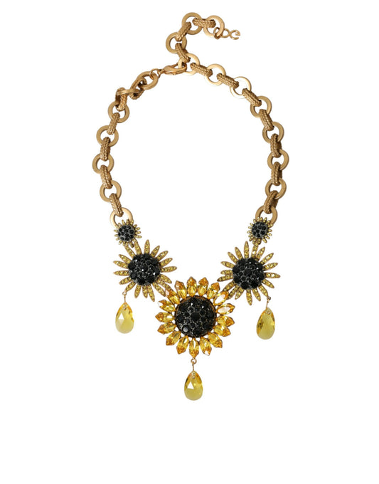 Gold Tone Brass Sunflower Crystal Embellished Necklace