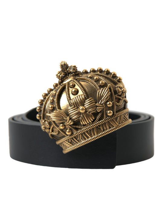 Black Leather Gold Crown Metal Buckle Belt