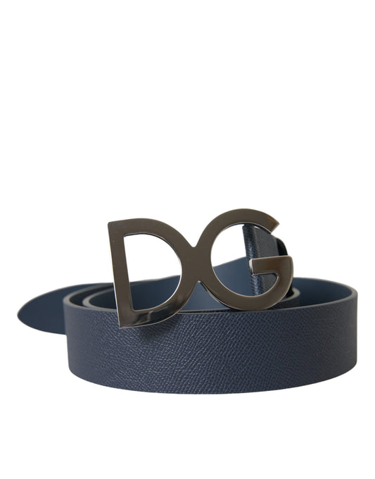 Blue Leather Silver Logo Metal Buckle Belt