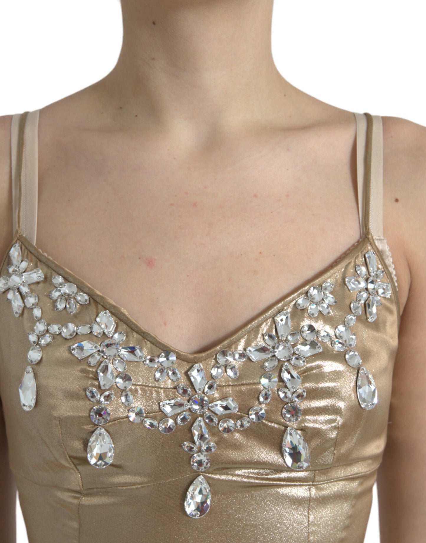 Elegant Metallic Gold Sheath Dress with Crystals