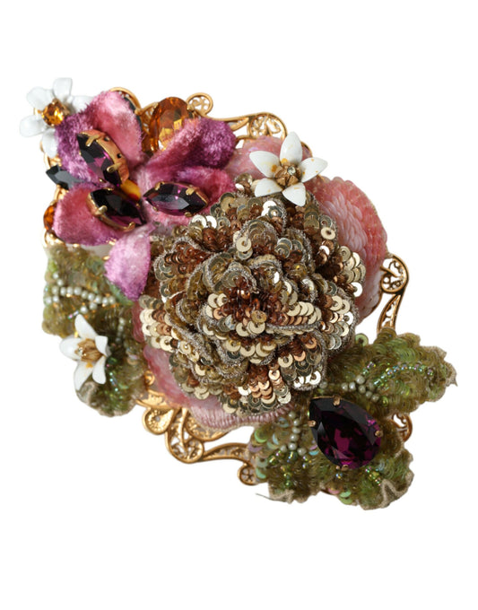 Gold Brass Floral Crystal Sequined Hair Clip