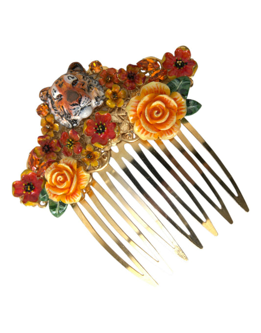 Gold Brass Crystal Leopard Floral Hair Comb