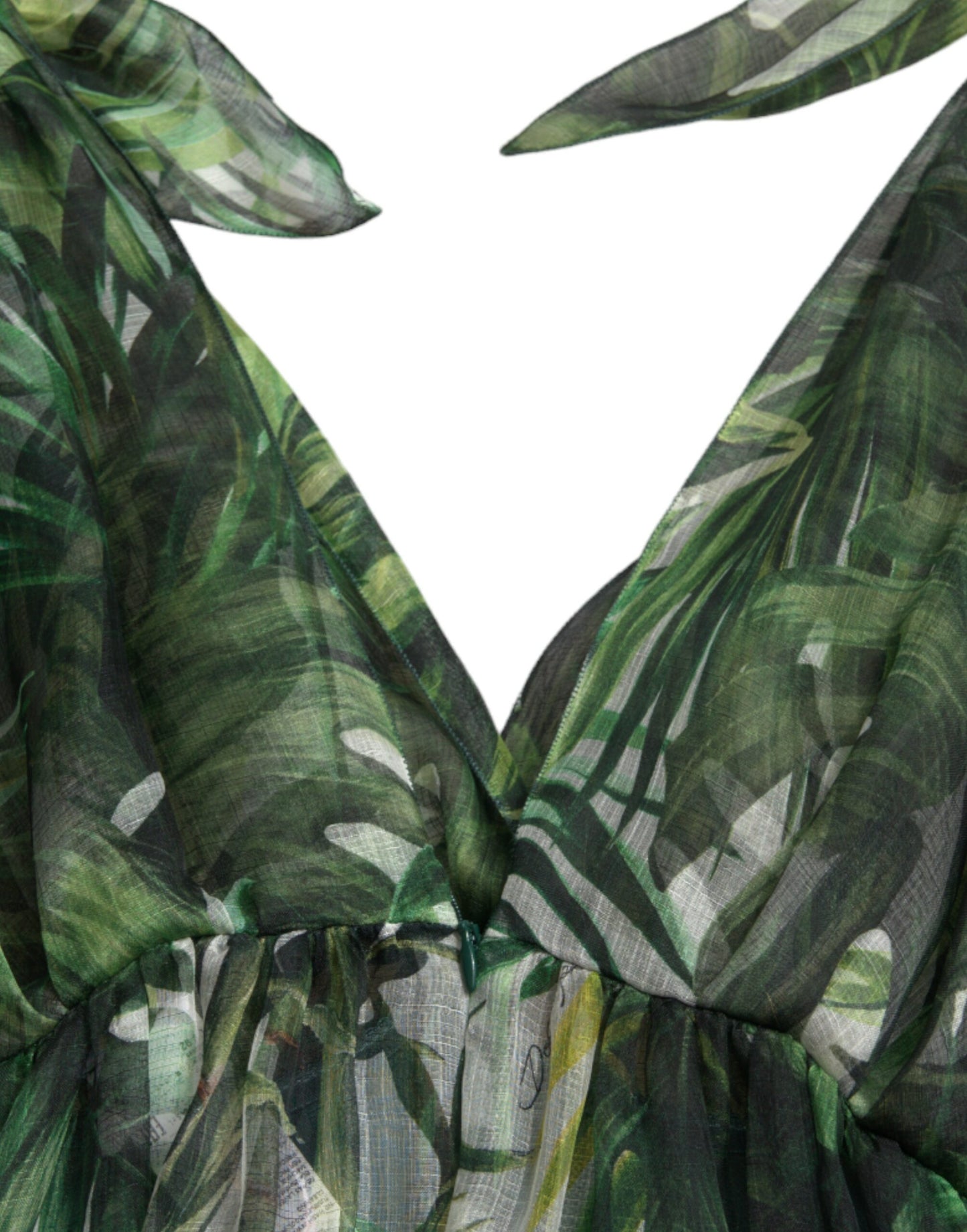 Elegant Green Silk Maxi Dress with Flocked Leaf Detail