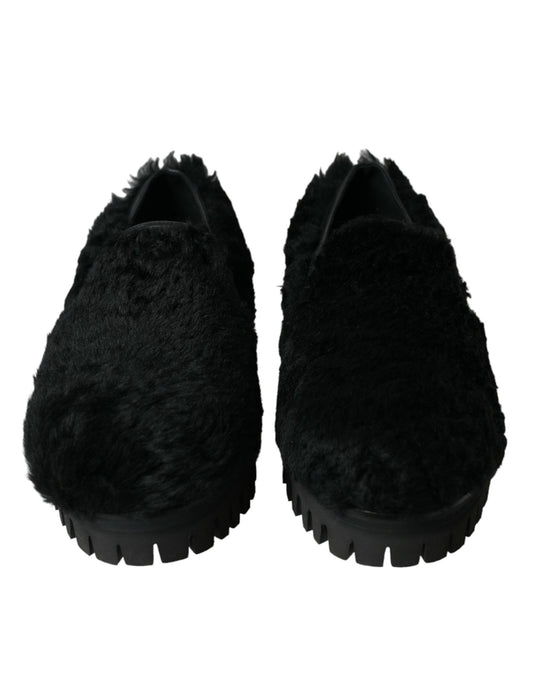 Elegant Black Fur Slip On Loafers for Men