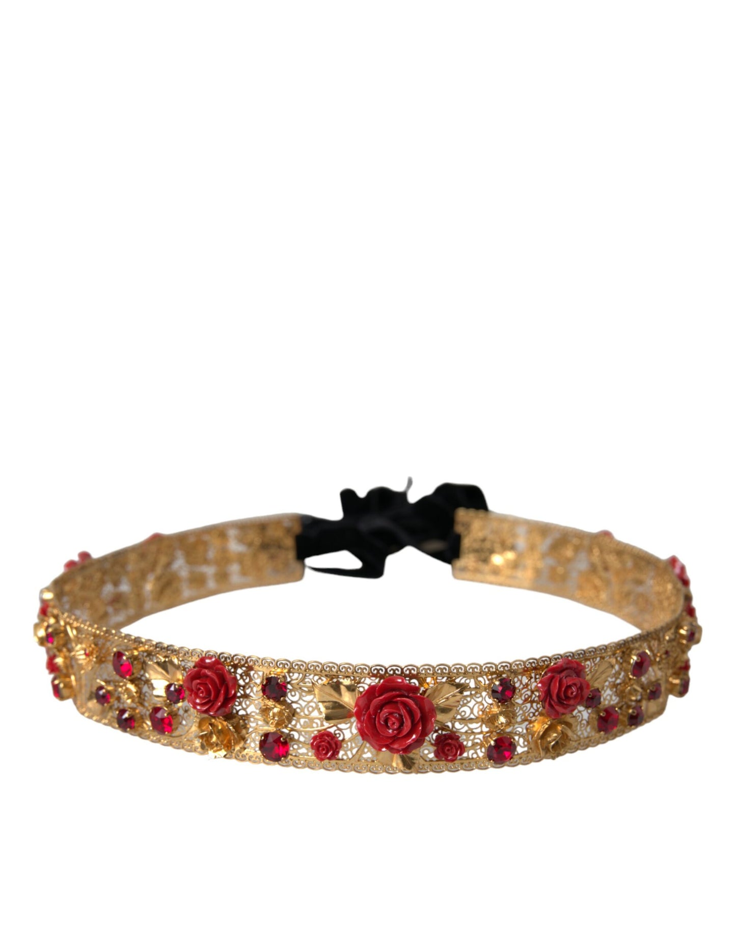 Gold Brass Red Roses Crystal Jewel Waist Belt