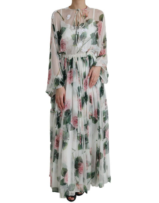 Ethereal White Silk Floral Maxi Dress
