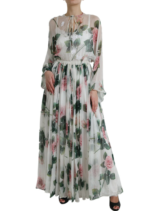 Ethereal White Silk Floral Maxi Dress