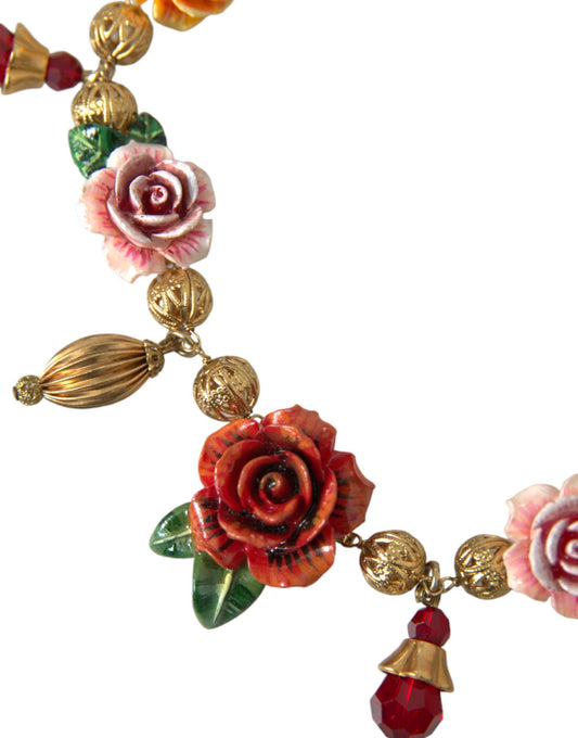 Multicolor Roses Crystals Gold Ball Chain Necklace