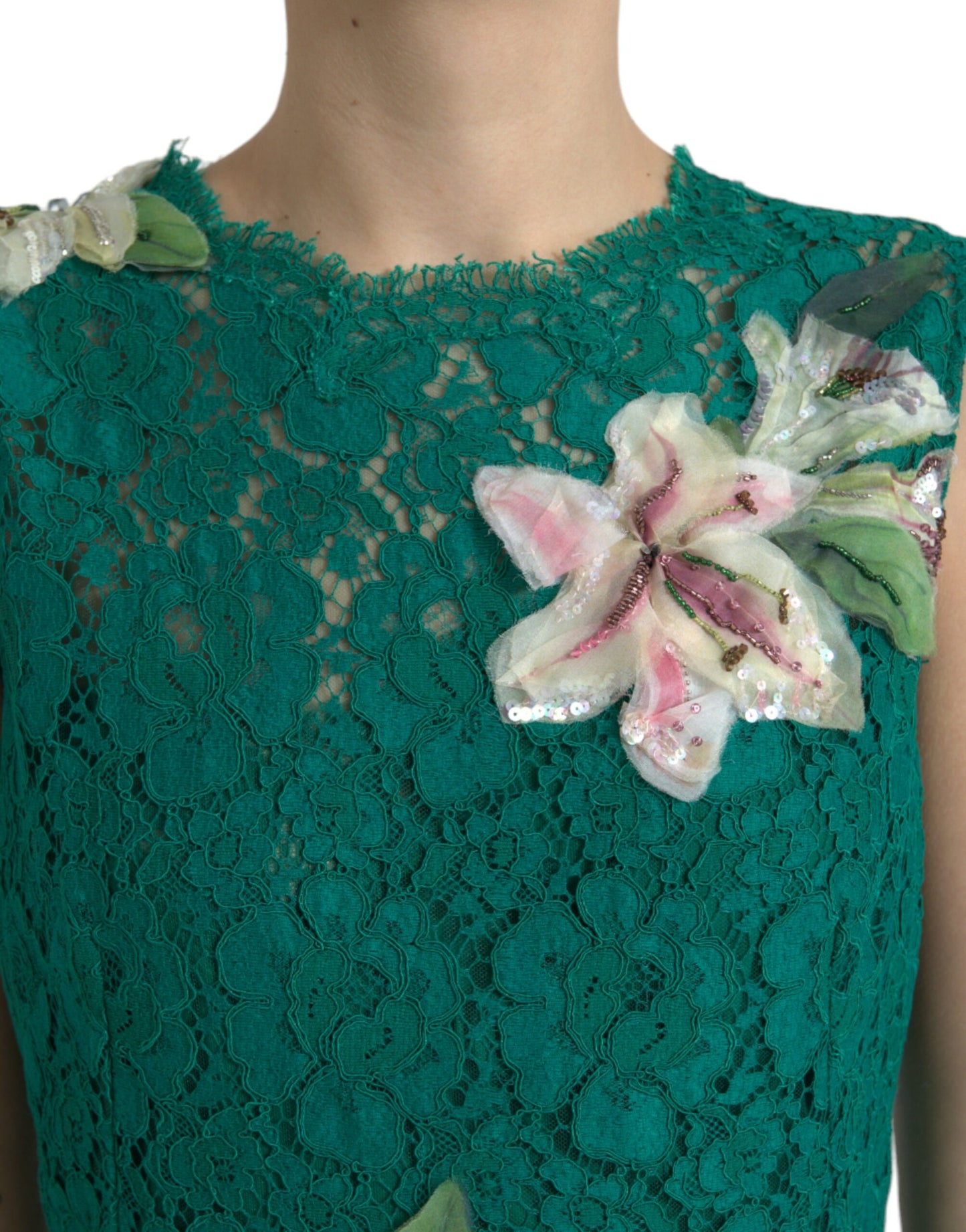 Elegant Lace Midi Dress with Floral Appliques