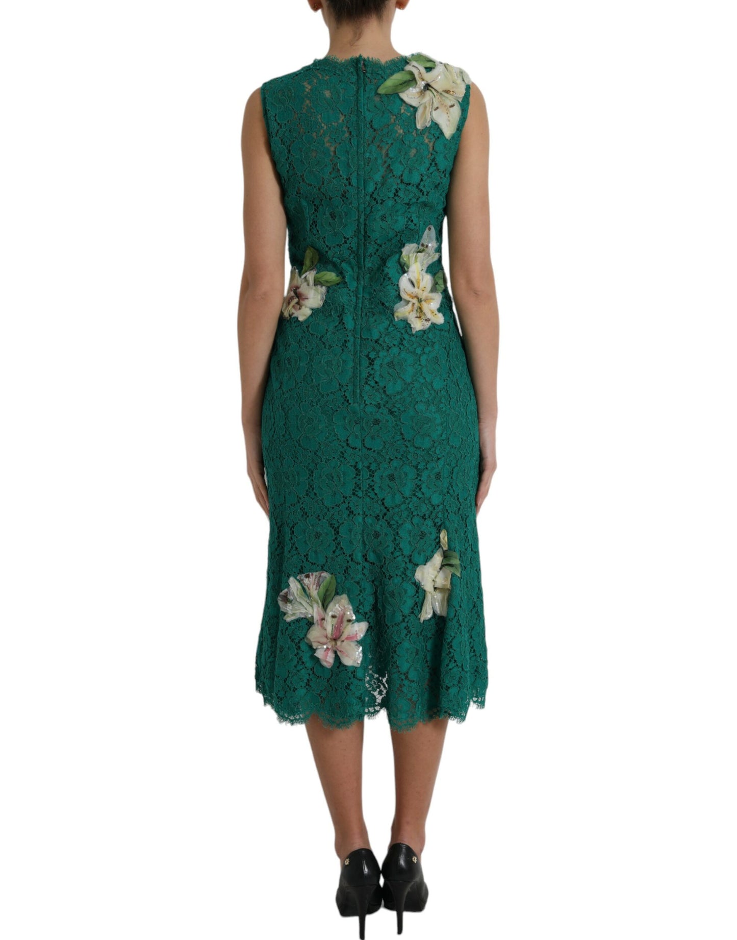 Elegant Lace Midi Dress with Floral Appliques