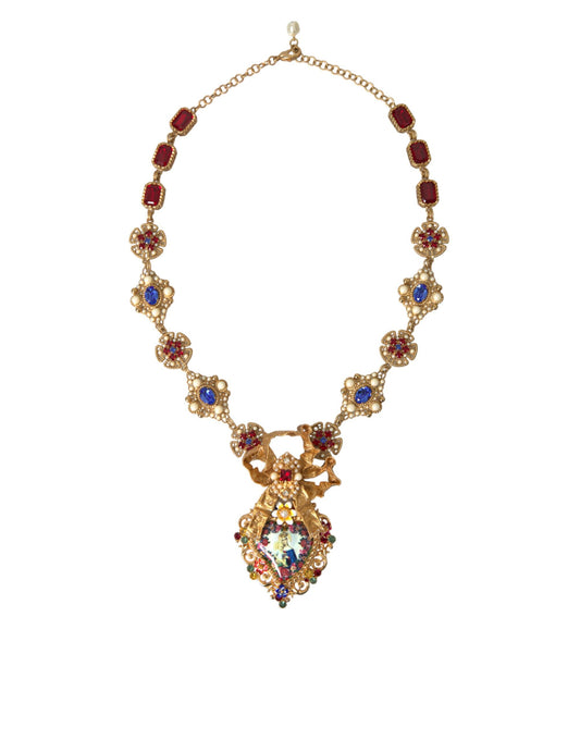 Gold Brass Mama Mary Crystal Pearl Embellished Necklace