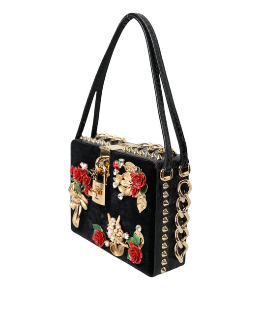 Elegant Black Velvet Box Bag with Gold Hardware