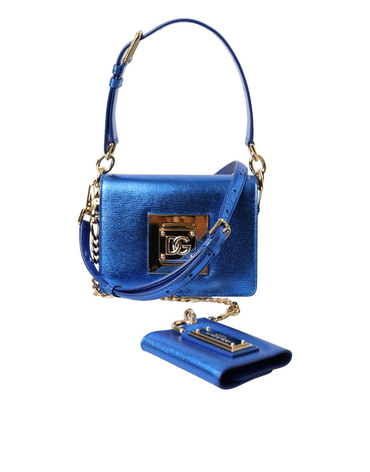 Elegant Blue Leather Shoulder Bag with Gold Accents