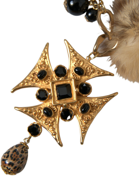 Gold Black Crystals Lapin Fur Filigree Chocker Necklace