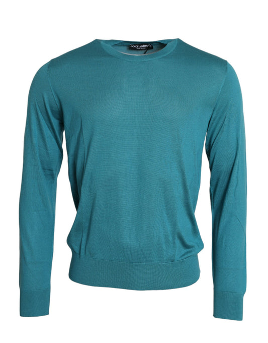 Blue Silk Crew Neck Pullover Sweater