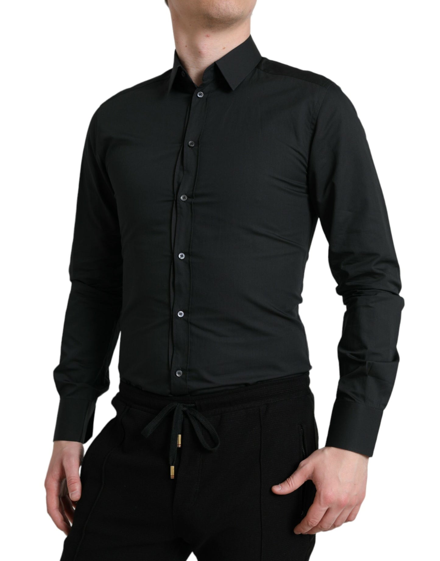Elegant Slim Black Silk Blend Dress Shirt