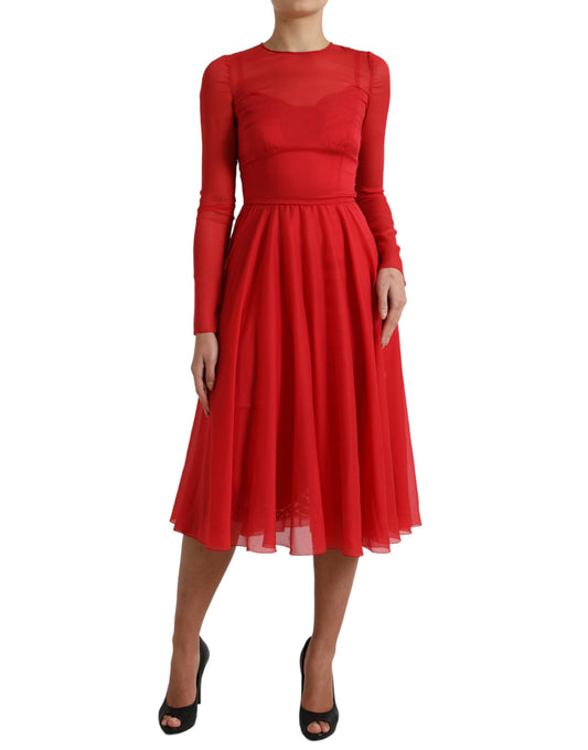 Elegant Red Pleated A-Line Midi Dress