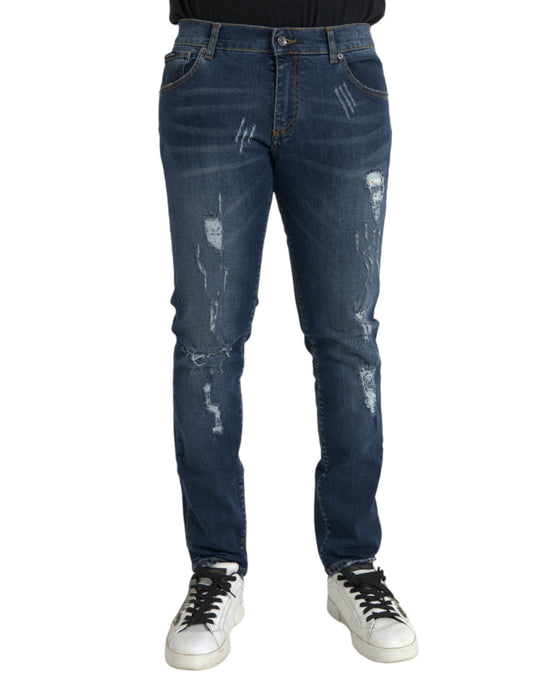 Blue Distressed Cotton Skinny Denim Jeans