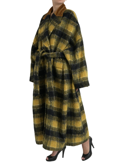 Chic Checkered Long Trench Coat in Sunny Yellow