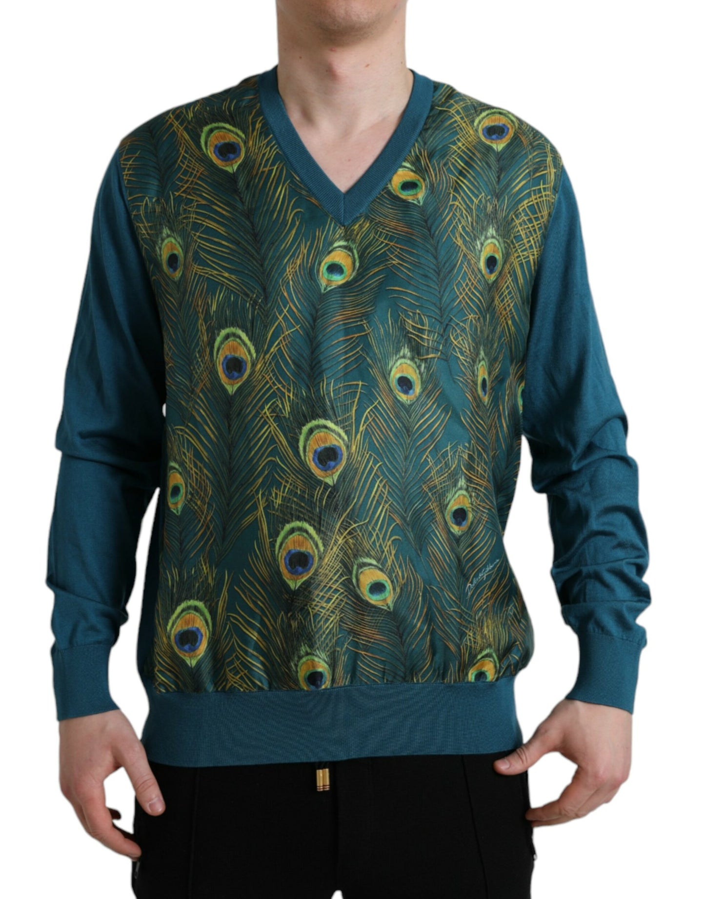 Silk V-Neck Peacock Feather Sweater