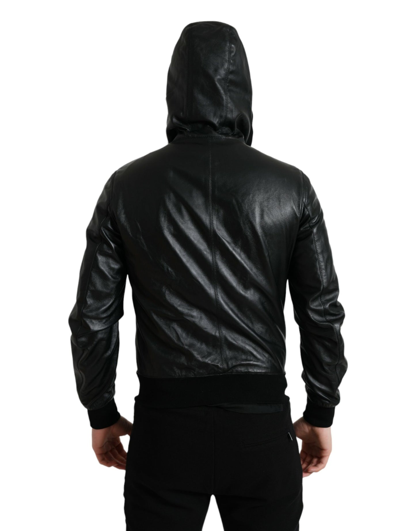 Elegant Black Leather Hooded Zip Jacket