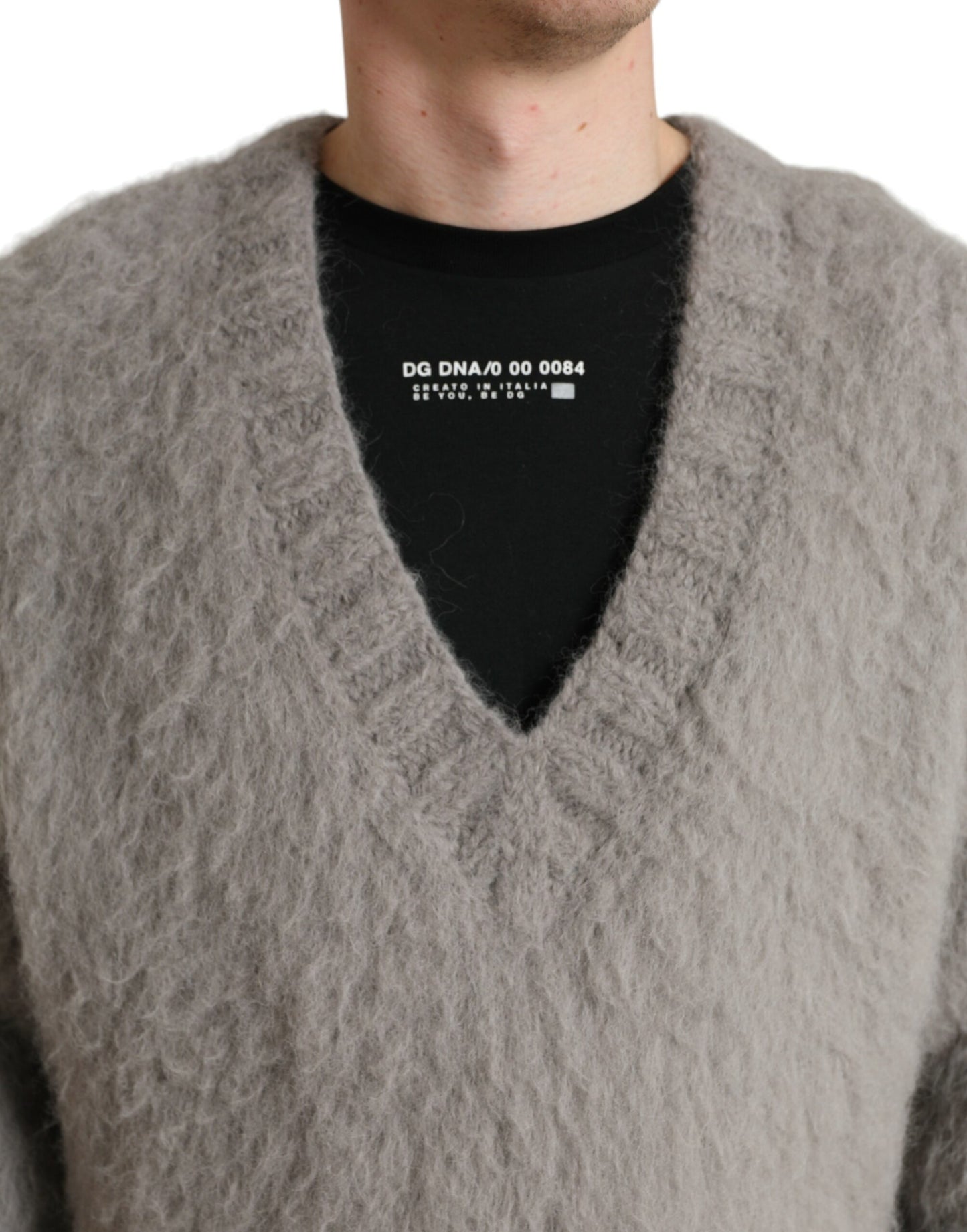 Elegant Grey V-Neck Alpaca Blend Sweater