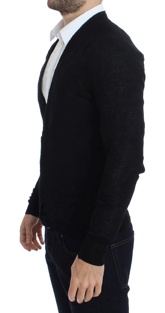 Elegant Black Merino Wool Cardigan