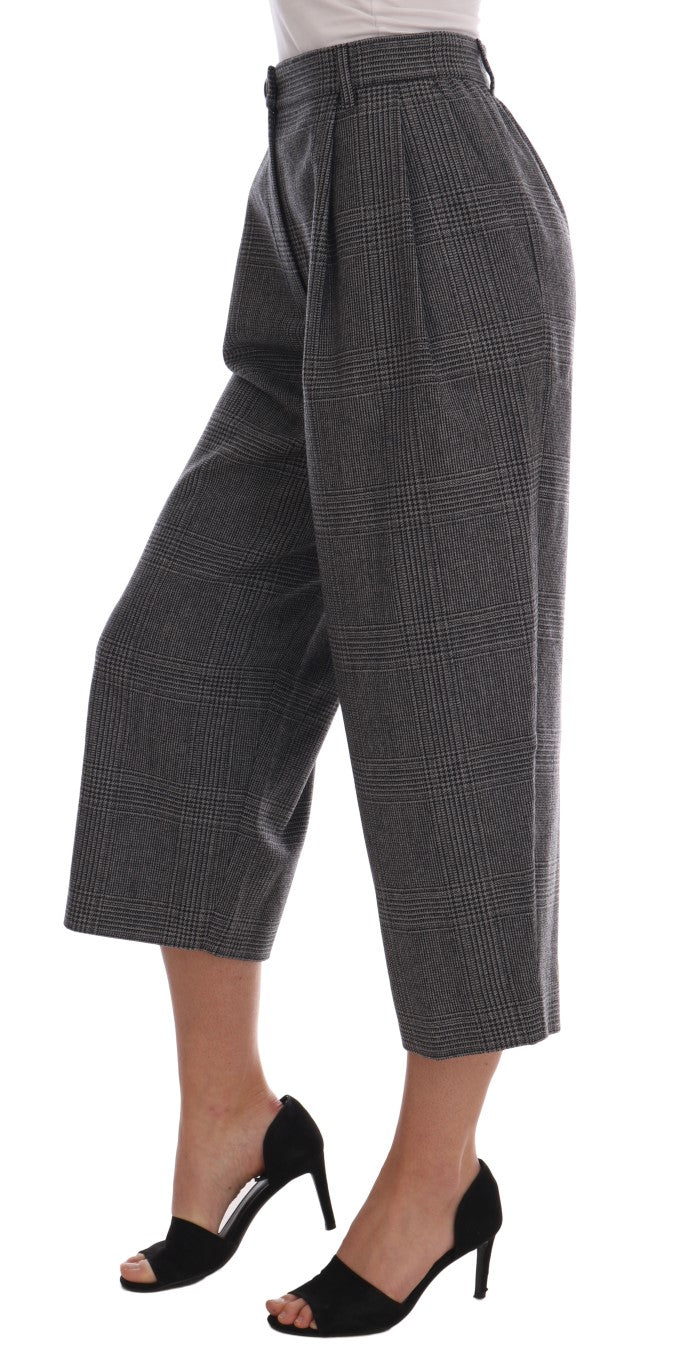 Elegant Gray Check Capri Wool Pants