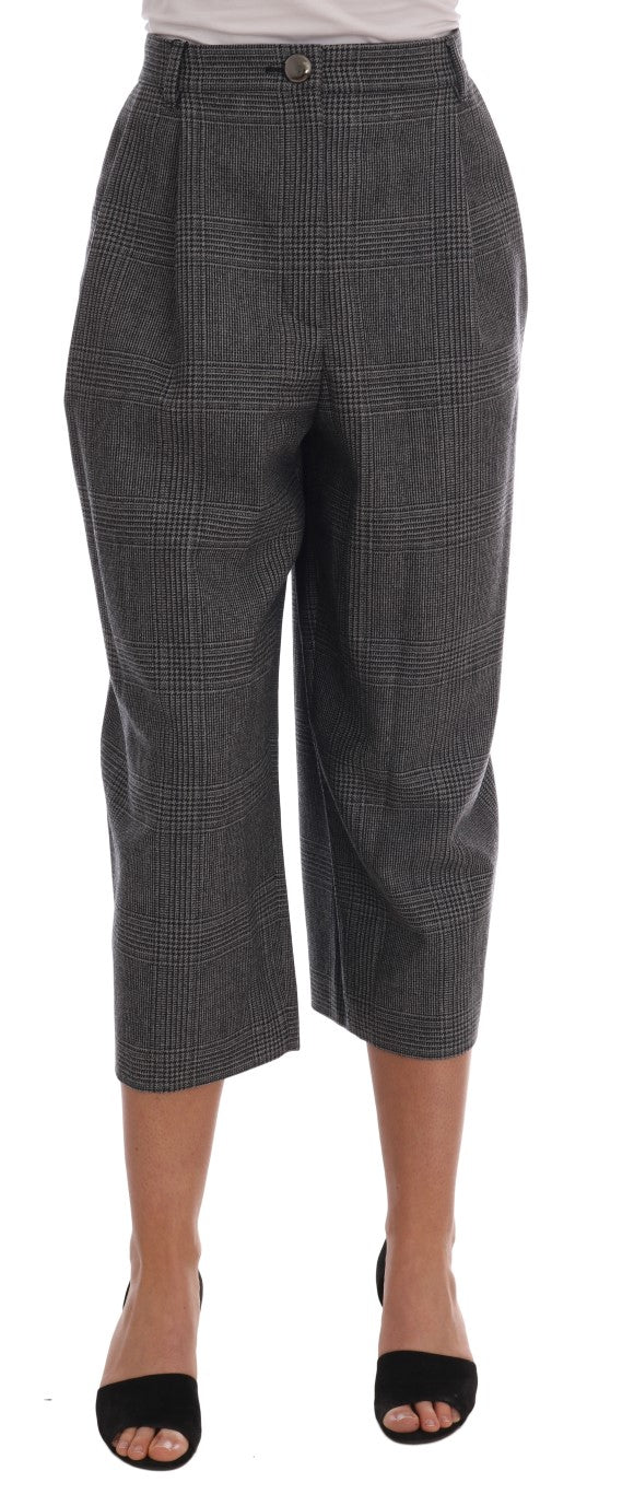 Elegant Gray Check Capri Wool Pants