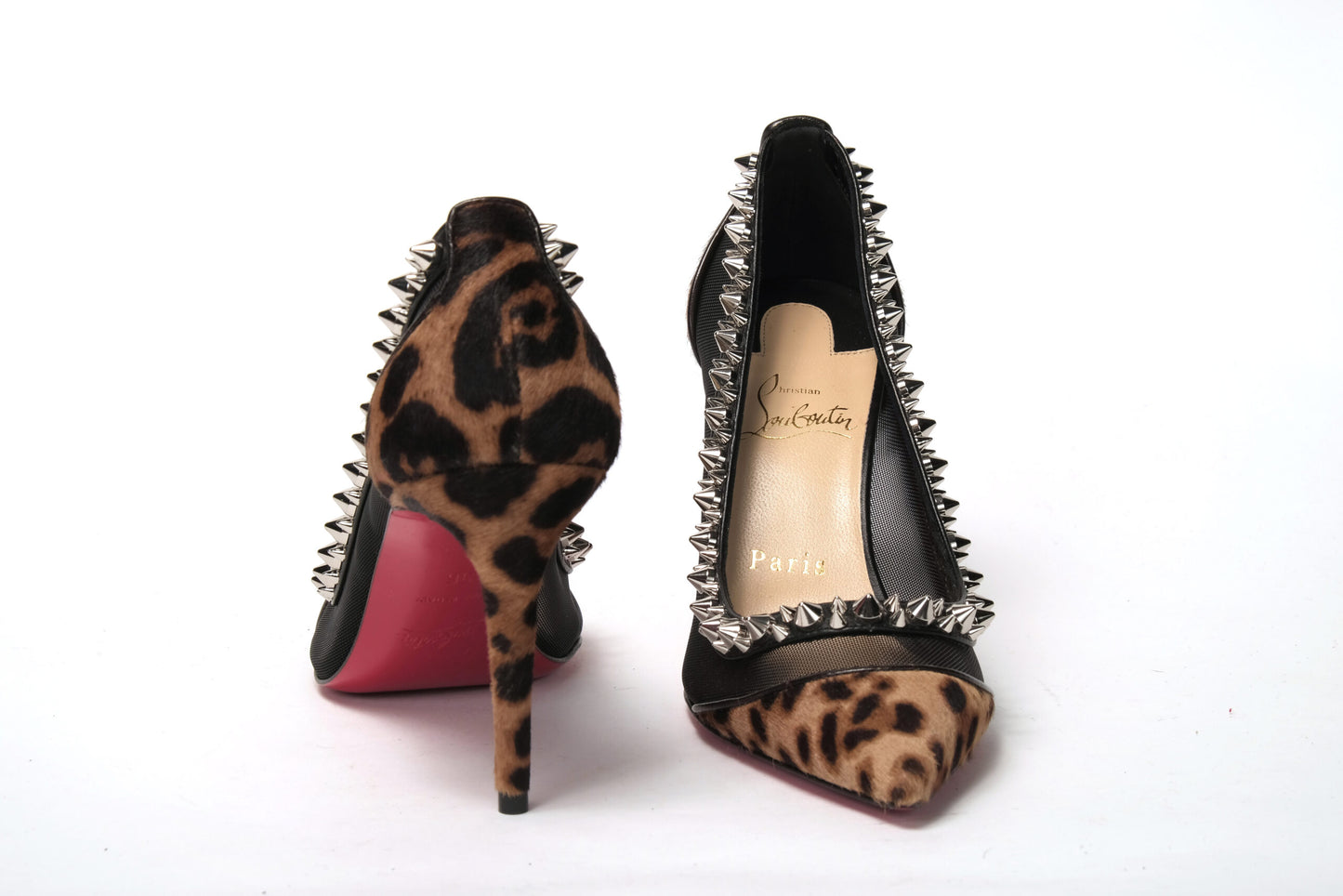 Brown Silver Leopard  Nappa And Mesh Studded High Heels Pumps